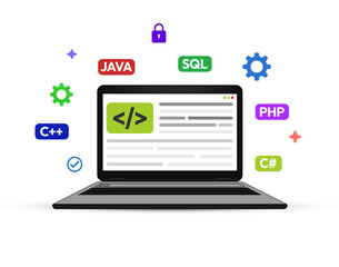 Coding and programming infographics concept design with floating shapes around the laptop, java, c shartp and php typography