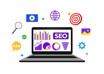 Search engine optimization concept showing on the laptop screen with colorful floating designs, targets, goal, listing, leads, sales