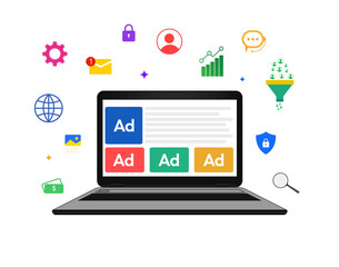 Laptop screen showing multiple ads and infographics floating, transparent png