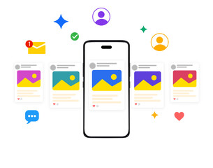 Social media posting on the smartphone screen infographics with multi color design floating, png. User , profile, interaction, posts