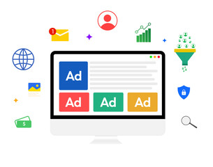 Multiple advertisements are showing on the computer screen 4k animation with floating graphics around. Marketing, digital, ads, stats, sales, converisons.