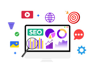 SEO concept design on the computer screen with leads and sales, target, goal, funnel, png