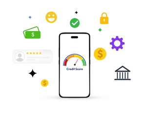 Smartphone screen showing credit score with speedometer and needle on the screen along floating infographics, transparent png. Banking, money, credit, debit