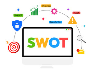 Swot analysis concept in multiple colors showing on the computer screen for business growth, strategy, marketing, strength, weakness, opportunity, threats