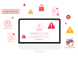 Weak security concept with login and failed attempt on the computer screen, threat, virus, compromised security