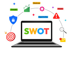 Strength, weakness, opportunities and threats concept design png with laptop screen and colorful floating infograhpics