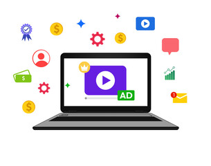 Laptop video monetization concept design with colorful floating design shapes around the screen, png