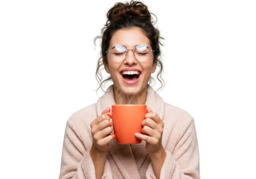 A joyful young woman with curly hair in a bun and glasses laughs while holding a steaming mug of hot coffee, isolated on a transparent background