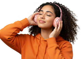Young woman with curly hair enjoys music with headphones, eyes closed in peaceful relaxation, isolated on transparent background