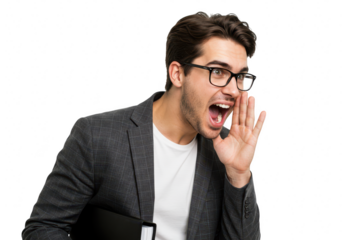 Man in suit and glasses shouts loudly, cupping hand to mouth to announce news, isolated on transparent background