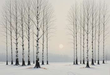 Naklejka premium Winter Birches A minimalist painting of bare silver birch trees in a snowy landscape, evokes winter s tranquility and subtle