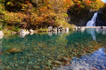 法体の滝の紅葉。由利本荘、秋田、日本。10月下旬。