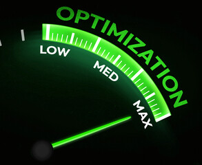 Optimization concept in business with green speedometer showing needle on the end point of bar.