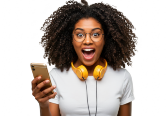 A surprised black woman with an afro and glasses looks at her smartphone while wearing yellow headphones, isolated on a transparent background