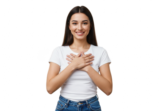 A happy young woman with her hands crossed over her chest smiles sincerely, isolated on a transparent background