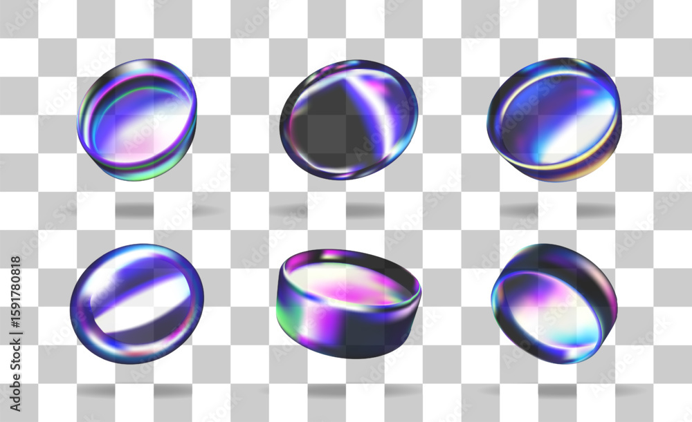 Poster set of abstract 3d shiny holographic rings and disks. collection of futuristic colorful design eleme