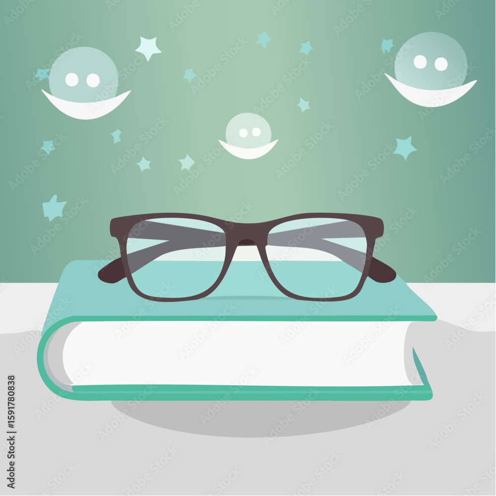 Poster eyeglasses rest on a closed book with cartoon-like floating smiling figures and stars.