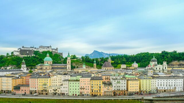 The city of Salzburg with the Salzach River and the Fortess Hochenzalzburg, Austria - Timelapse Video