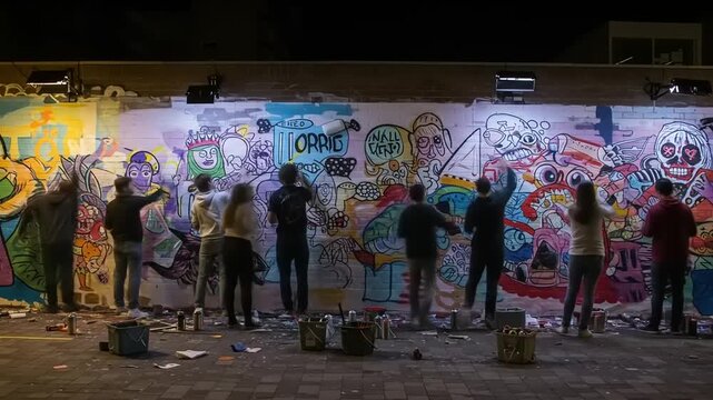 Vibrant street art mural creation at night with diverse artists painting a colorful wall scene