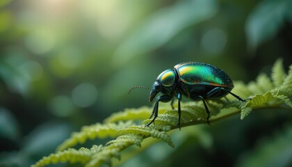 Naklejka premium Fern Frond Fantasy A Jewel Beetle s Iridescent Armor Gleaming Against a Backdrop of Lush, Verdant Foliage in a Tropical
