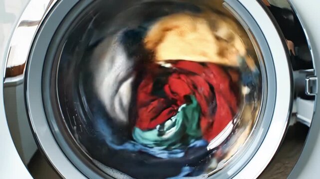 Close-up of various colored clothes swirling with soap suds inside a front load washing machine during the laundry washing cycle