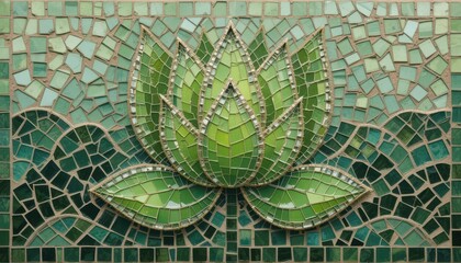  A Mosaic Pattern Featuring a Green Lotus Bud, Using Glass Tiles and Textured Grout for a Unique Artistic Effect.