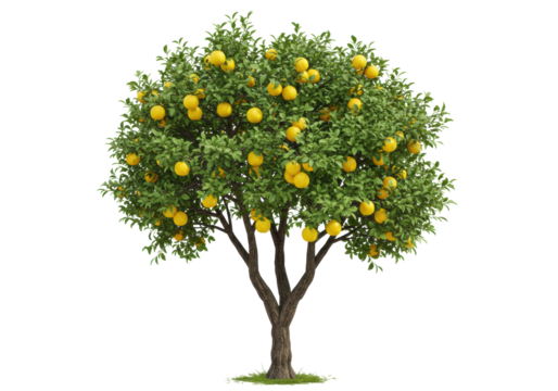 A lush fruit tree, possibly lemon or quince, with a vibrant green canopy and bright yellow ripe fruits hanging from its gnarled dual trunk, on a plain transparent background with no shadows
