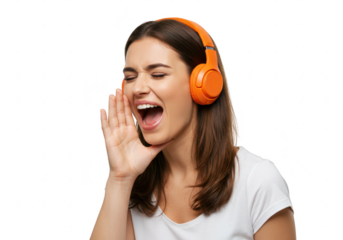 A young woman wearing orange headphones, shouting and announcing something isolated on a transparent background