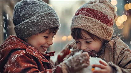 Two smiling children wearing warm winter clothes enjoy a snowy day outdoors, building a small snowman. The festive atmosphere and joyful expressions capture the magic of Christmas and childhood  - Powered by Adobe