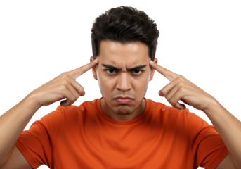 A young man intensely concentrating with his fingers on his temples, showing frustration isolated on a transparent background