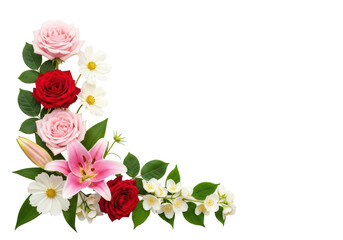 A meticulously arranged, ultra-realistic floral corner border with soft pink and deep red roses, a pink lily, white cosmos, and jasmine, vibrant green leaves, flat lay on clean white background,
