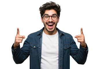 An excited young man with glasses and a beard pointing upwards with both index fingers, celebrating success isolated on a transparent background