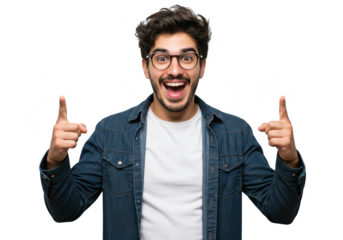 An excited young man with glasses and a beard pointing upwards with both index fingers, celebrating success isolated on a transparent background