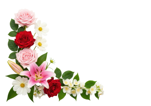 A meticulously arranged, ultra-realistic floral corner border with soft pink and deep red roses, a pink lily, white cosmos, and jasmine, vibrant green leaves, flat lay on clean white background,