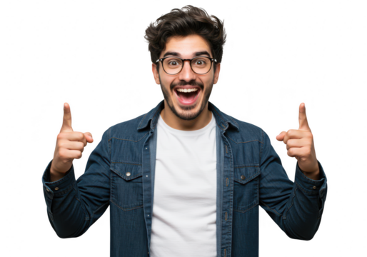 An excited young man with glasses and a beard pointing upwards with both index fingers, celebrating success isolated on a transparent background