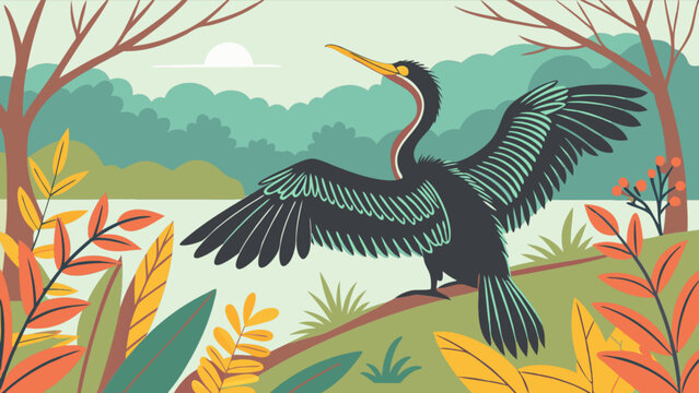 Anhinga bird spreading its wings in a natural habitat with trees and foliage in the background scene