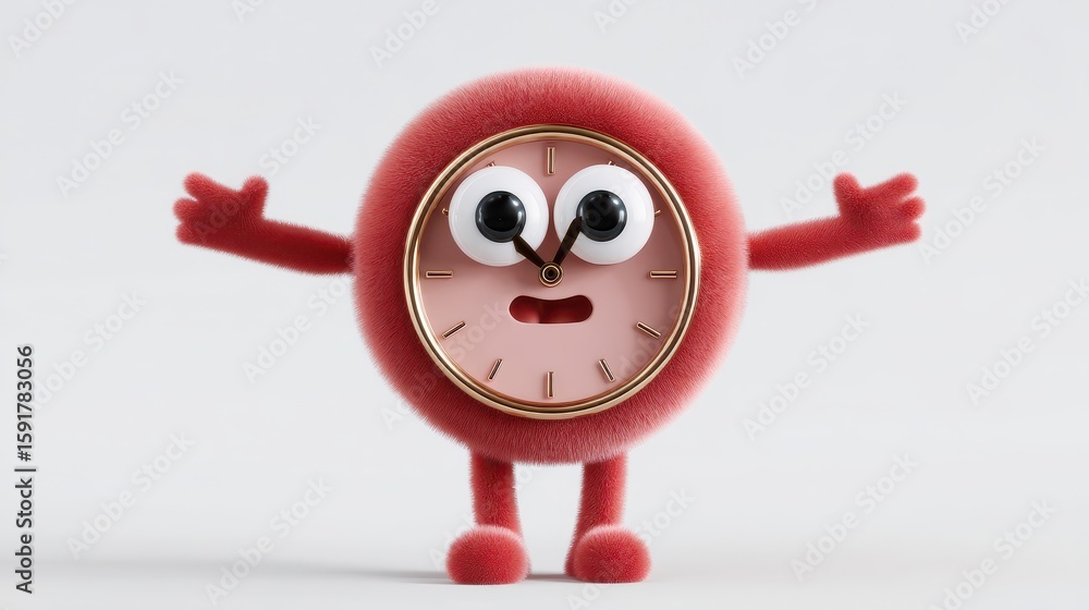 Poster fuzzy clock character with excited expression and open-arms pose