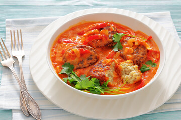 fish cakes in tomato vegetable coconut milk sauce