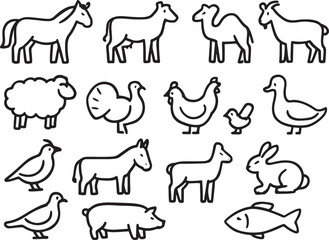 Collection of Farm and Domestic Animal Line Drawings