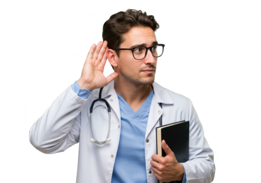 A doctor wearing glasses and a stethoscope holds a book and cups his ear as if listening intently, isolated on white isolated on transparent background - Powered by Adobe