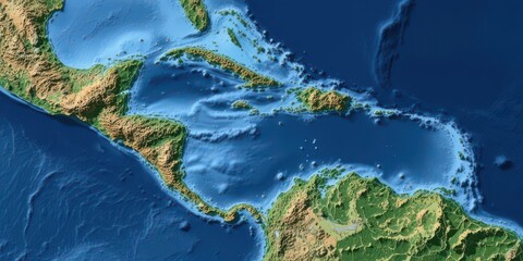  Earth s Landscape Physical Map of Central America Caribbean in Flattened Satellite Style