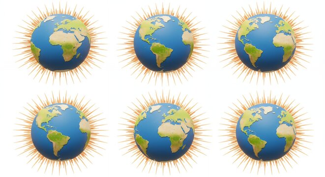 Six earth globes with golden rays