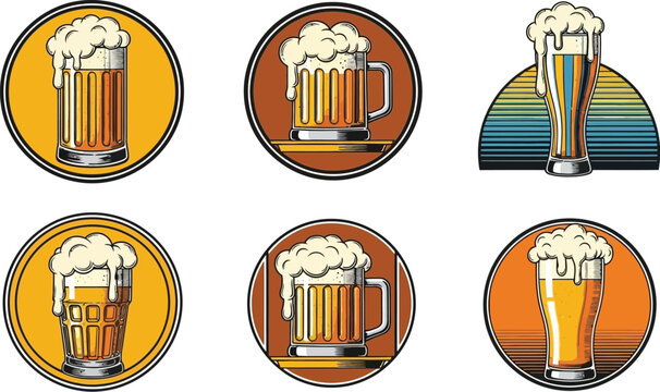 Refreshing beer illustrations display frothy pints and mugs, ideal for pub or brewery promotional material in vibrant vintage style.