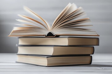 Fototapeta premium Open book with pages fluttering on top of stacked closed books on a bed with soft natural light. Close-up side view photography for concepts of reading, education, literature, study, knowledge.