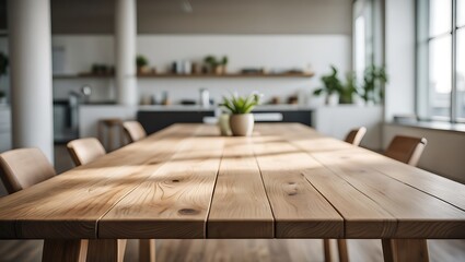 Warm Natural Light Illuminates a Spacious Wooden Dining Room Table Surrounded by Chairs