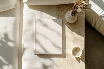 Blank book on beige linen couch beside cream ceramic cup and white vase with dry flowers. Top view home interior with natural light shadows. Relaxation and cozy lifestyle concept for design and print.