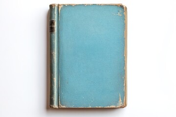 Old worn book with blue cloth cover and black label on spine. Studio photography on white background. Vintage literature and aged book concept for design and print.