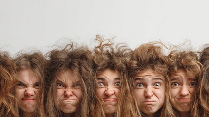 Expressions of frustration and surprise displayed by girls with wild, curly hair against a plain white background showcasing diverse emotions