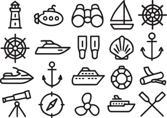Fototapeta premium Nautical icons collection with boats and maritime equipment