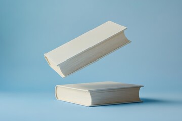 ChatGPT said:
Two white hardcover books, one floating above the other, against a light blue background. Studio photography with minimalistic style. Book mockup and design concept for print.